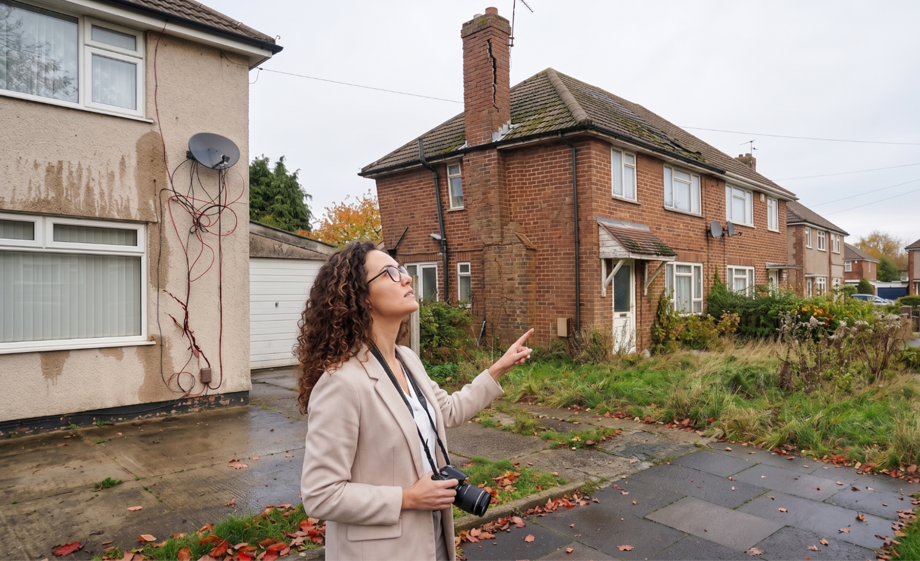 Woman with a camera inspecting a house exterior with cracked chimney and overgrown garden